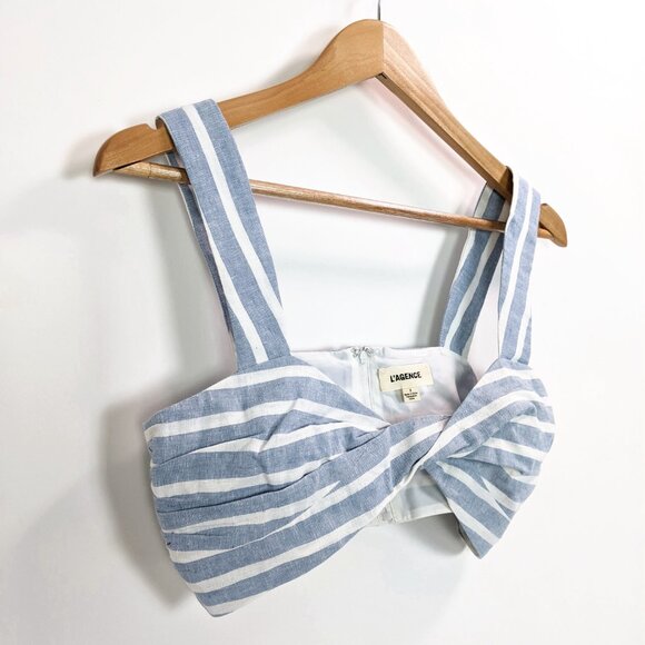 L'AGENCE Linen Striped Twisted Front Cropped Bra Top In Blue and White Size 2 - Picture 2 of 6